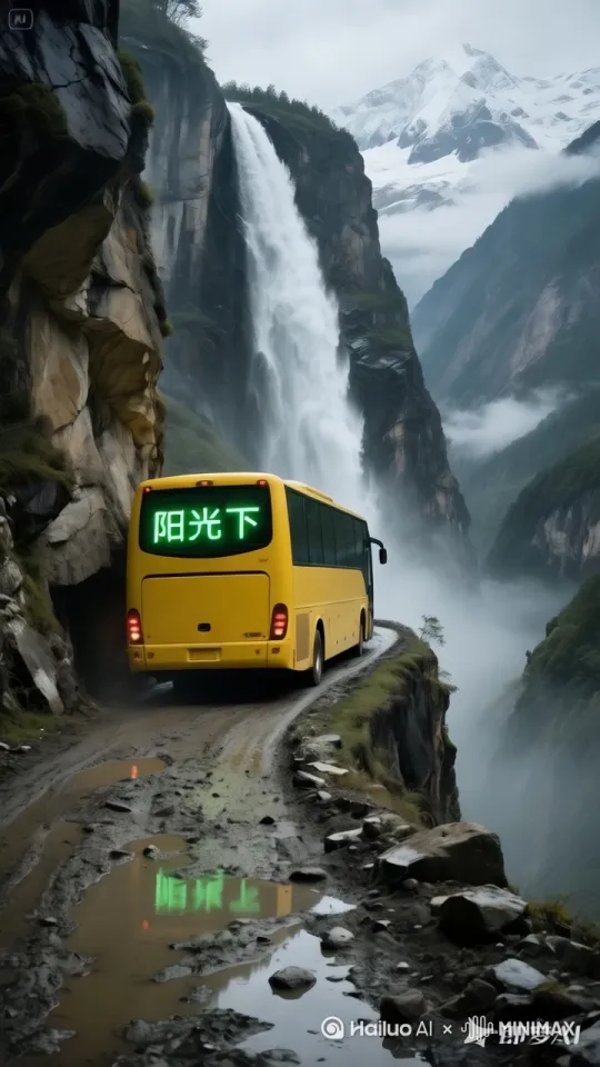 黄色客车缓缓左转过弯道[推进,上升] by Hailuo AI Video Generator