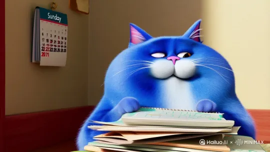 一只蓝色胖胖的猫。手里拿着一堆作业。也有一个日历写着星期日。 by Hailuo AI Video Generator
