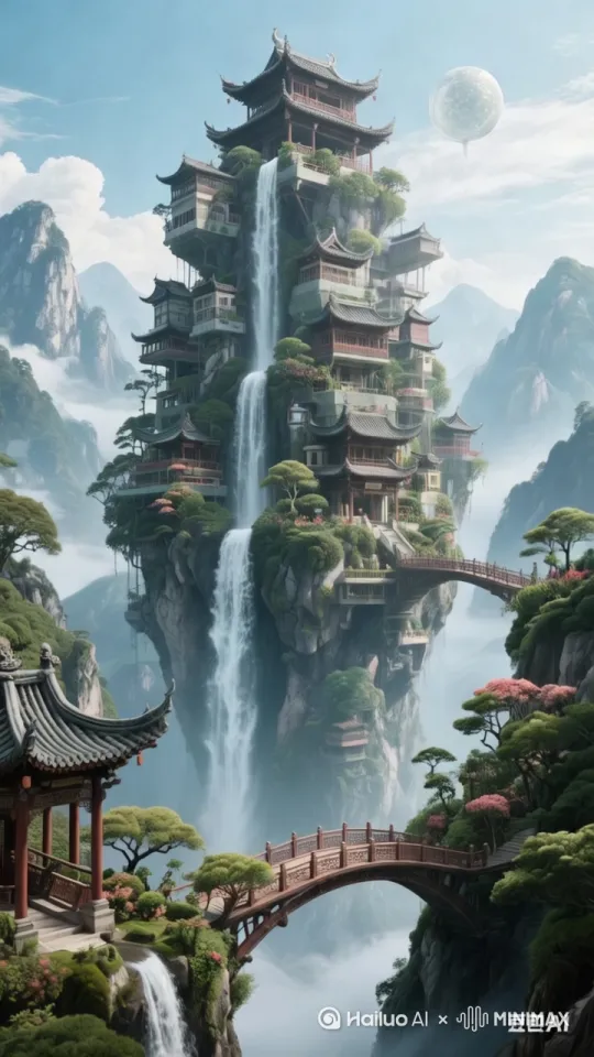 镜号|景别|运镜|画面内容|
|---|---|---|---|
|1|全景|固定|展现悬浮山峦上的中式古建筑群全貌,瀑布垂直而下,云雾缭绕,背景是连绵山脉和蓝天。|
|2|中景|推|镜头推向古建筑,聚焦其飞檐斗拱、木质结构,展现古朴精致的建筑细节。|
|3|特写|固定|拍摄瀑布水流,水花飞溅,水流的纹理和光影变化清晰可见。|
|4|中景|拉|从建筑拉远,呈现建筑与周围绿树繁花、嶙峋山石相互映衬的画面。|
|5|近景|移|沿着古桥平移,拍摄桥的栏杆、木质纹理,桥边绿植点缀。|
|6|特写|固定|拍摄树上一朵盛开的红花,花瓣色泽鲜艳,展现生机。|
|7|中景|升|镜头从山峦底部升起,呈现山峦悬浮空中的奇幻感,以及空中的透明球体。|
|8|全景|固定|再次定格整个奇幻场景,将古建筑、瀑布、山峦、桥梁等元素完整纳入画面。| by Hailuo AI Video Generator