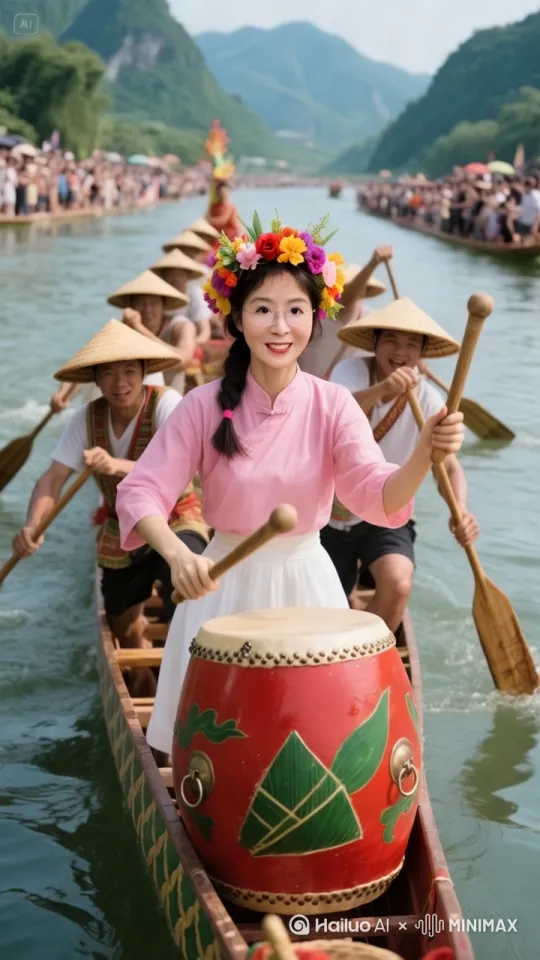 姑娘左右手敲鼓，划桨人𡘊力划桨，小船前行，水波荡漾 by Hailuo AI Video Generator