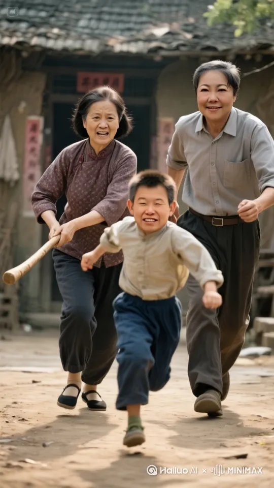 中国，80年代服饰，农村，被生气母亲拿棍追赶的小男孩儿。使劲逃跑。运动感，怀旧，特色用光成为情绪的催化剂。电影拍摄  风格复古主义风格。情绪夸张，超高清画面，跟拍镜头+环绕镜头，电影质感。[右移,左摇,跟随] by Hailuo AI Video Generator