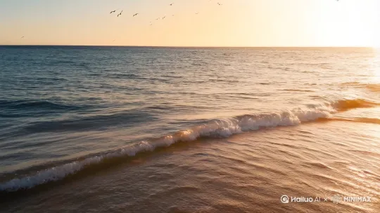 我走着海边，浪花舔舐着沙滩，海鸟在自由的飞翔…… by Hailuo AI Video Generator
