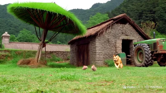 农家小院里的欢乐交响曲
 
🌳 背景：古朴农家院，梧桐树撑起绿荫，石磨静静伫立，拖拉机停在角落，满是乡村烟火气。
 
🐶 狗追猫：黄狗撒欢儿，追着花猫满院跑，花猫上蹿下跳，却不忘紧盯石磨旁的老鼠——
🐱 猫捉老鼠：前爪一扑，老鼠瞬间成“囊中之物”，尽显“喵星人”的机敏。
 
🦆 鸡飞狗跳：狗儿玩性大发，又撵得公鸡扑棱翅膀、鸭子嘎嘎逃窜，满院鸡飞狗跳，热闹非凡！
 
✨ 乡村的日常，因这些灵动的生命，满是生机与趣味。 by Hailuo AI Video Generator