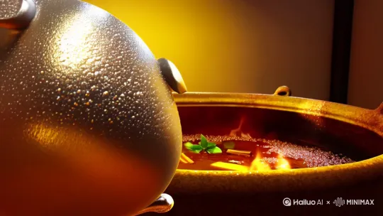 3D卡通风格，拟人化八角角色设计，Q版圆润身材，金属光泽材质，面部有动态笑脸表情（眨眼+嘴角上扬）。角色以旋转跳跃动作从画面左侧入场，头顶持续冒出半透明蒸汽特效，发梢有晶莹汗珠滴落。背景为沸腾老卤锅特写（深琥珀色汤汁翻滚，配以香叶/桂皮等香料浮沉），暖黄色灯光营造怀旧氛围，镜头适当加入热雾朦胧效果。角色动态：添加弹性形变效果（落地时身体轻微压扁+回弹）。材质细节：八角表面增加高光反射，边缘呈现糖色焦化质感。氛围强化：锅底加入火焰粒子特效，背景墙增加手写书法「卤」字投影。运镜建议：开场低角度跟拍旋转，中段推进面部特写，结尾拉远展现全景。
音效建议：入场时添加"咻-"的滑音，蒸汽声配合"噗噗"拟音
节奏适配：角色旋转动作需对齐"八角"台词，C位担当时同步竖拇指动作。 by Hailuo AI Video Generator