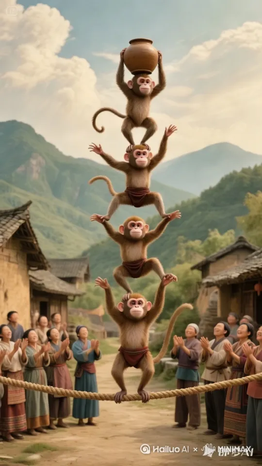 画面中叠加小猴沿着绳子向左行走，镜头跟随 by Hailuo AI Video Generator
