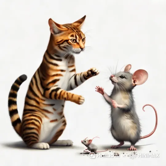 猫鼠打架，打得不可开交，最终猫战胜老鼠，猫压住老鼠，动弹不得，猫压住老鼠，大笑起来，欲食之。[推进,上升][推进,上升] by Hailuo AI Video Generator