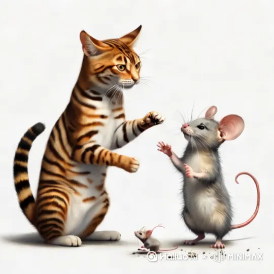 猫鼠打架，打得不可开交，最终猫战胜老鼠，猫压住老鼠，动弹不得，猫压住老鼠，大笑起来，欲食之。[推进,上升][推进,上升]，猫儿咬住老鼠，抱住老鼠团团转，楊埸而去。 by Hailuo AI Video Generator