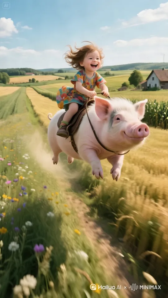On a sunny day, in a picturesque rural field, a child in a colorful floral dress with hair flowing rides a flying pink pig along a dirt path. The path is flanked by blooming wildflowers, golden crops, and there are houses and trees in the distance under a blue sky with scattered clouds. by Hailuo AI Video Generator
