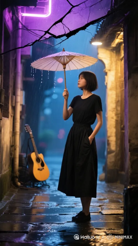 身穿黑色连衣裙的女孩手持白伞在狭窄街道上缓步前行，街道两侧紫色霓虹灯在雨幕中逐渐明亮，木吉他静静靠在湿润的砖墙边，雨滴沿着伞骨匀速滑落形成连续水帘，镜头缓慢推进展现她平静凝望远方的神情。 by Hailuo AI Video Generator