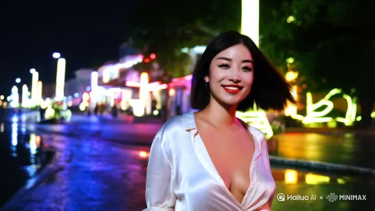 一个身穿白色丝质面料衬衣的胸部丰满体态修长的短发美女，在夏夜重庆解放碑步行街的霓虹街道上随意漫步，她想到和情郎约会时说过的情话，脸上露出甜蜜的笑容。背景是重庆夏夜的解放碑步行街霓虹街道，霓虹灯光在湿润街道上反射，晚风吹起，她的秀发随风飘荡。镜头是正面上半身特写拍摄。氛围是夜色的冷酷和霓虹灯的温暖对比。 by Hailuo AI Video Generator