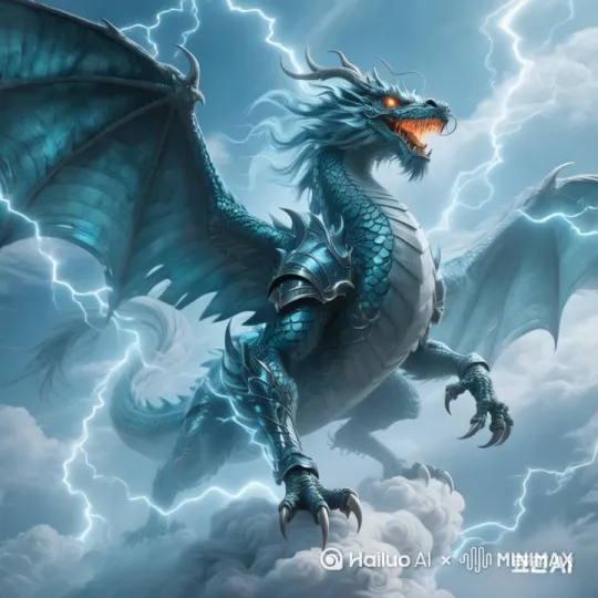 环绕镜头，粒子特效，大气磅礴，龙空中飞翔，电闪雷鸣，低质量，不合理，镜头模糊 by Hailuo AI Video Generator