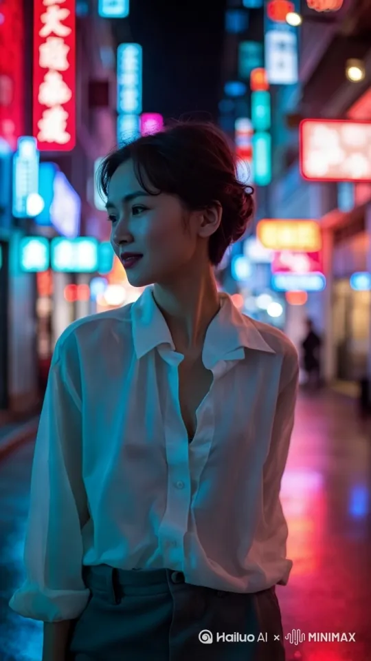 一个身穿白色丝质面料衬衣的，有着丰满胸部，露出若隐若现乳沟的短发中国重庆美女，在夏夜重庆解放碑步行街的霓虹街道上随意漫步，她想到和情郎约会时说过的情话，脸对着镜头露出甜蜜的笑容。背景是重庆夏夜的解放碑步行街霓虹街道，霓虹灯光在湿润街道上反射，晚风轻轻吹过，她的秀发轻微摆动。镜头是正面上半身特写拍摄，镜头随着美女的前进方向不断后退。氛围是夜色的冷酷和霓虹灯的温暖对比。[跟随] by Hailuo AI Video Generator