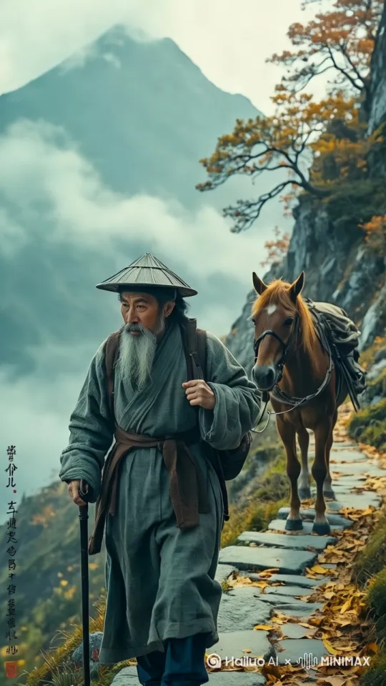 低角度跟拍人物足部，老马蹄踏石阶声由近及远，镜头缓缓上移展现人物背影与蜿蜒石径。  
- **光影**：冷青色山体阴影与枫叶缝隙透下的夕阳暖光交织。  
- **音效**：马蹄声 + 山风呼啸 + 枯叶碎裂声。 by Hailuo AI Video Generator