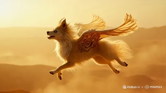 敦煌小狗，迅速在沙漠间飞翔穿梭。 by Hailuo AI Video Generator