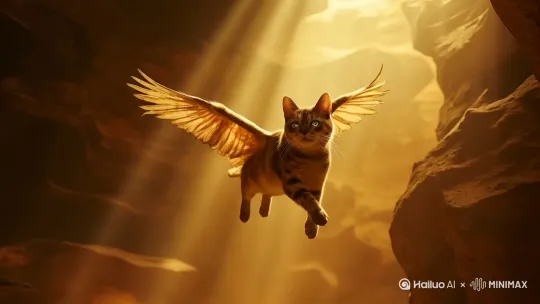 眼睛放着光的，小猫，飞翔至洞口，扑扇着翅膀 by Hailuo AI Video Generator