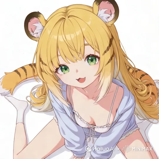 A tiger-girl with golden hair sways horizontally ±5° via sine-wave (1Hz), emerald eyes blinking every 3 seconds with 0.2s duration. Curled hair tips flutter 2cm with 15° phase delay. Orange tail swings ±10° axially, fur tips trembling 3mm (Perlin noise). Lavender coat hem and white socks shift 0.5cm/s following motion, tiger ears wobble ±8° (30° phase shift). All elements loop seamlessly in 8-second cycles on pure white background, cloth physics with Wind Force=0.3. Strand dynamics bound to head rotation, maintaining 1080p/60fps with motion blur enabled for natural micro-movements. by Hailuo AI Video Generator