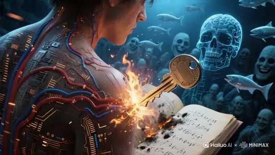 钥匙齿纹与脑机接口形成榫卯结构，每个咬合点迸发不同文明文字火花 by Hailuo AI Video Generator