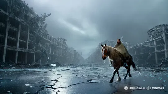 在末日废墟的滂沱大雨中，马蹄叩击破碎沥青路面的声响显得格外清脆。灰蒙蒙的天空像被撕开的麻布袋，雨水裹挟着放射性尘埃冲刷着街道两侧倾斜的楼宇骨架。骑手裹着浸透雨水的帆布斗篷，马鬃紧贴着脖颈的弧度滴落浑浊水珠，蹄铁踏过玻璃碎渣时迸溅的幽蓝磷火，映亮了前方五十米处半埋在地铁口的公交车残骸。
钢筋混凝土森林褪去文明的粉饰，裸露出扭曲变形的钢筋，如同巨兽折断的肋骨刺破雨幕。雨水顺着骑手护目镜的裂痕渗入眼角，让他恍惚看见三年前霓虹灯在购物中心橱窗里流动的光河——那时这座城市的名字还镌刻在入城高架的金匾上，而非如今锈蚀路牌上模糊的"禁区07"。马匹突然喷着响鼻停下，前蹄焦躁地刨动浸水的报纸堆，骑手在雨衣下摸向腰间短刀时，瞥见广告牌残片上褪色的婴儿奶粉海报，笑容甜美的母子画像正被菌斑蚕食成诡异图腾。
他们绕过坍塌的立交桥柱，混凝土碎块在积水中形成黑色群岛。骑手从鞍袋摸出半截能量棒喂给坐骑，指尖擦过马耳时感受到动物血管的搏动——这是方圆三十公里内唯一的心跳声。当闪电劈开云层时，整条街道突然在青白电光中苏醒：雨水在写字楼玻璃幕墙的千疮百孔间编织出水帘，未完全垮塌的自动扶梯仍在幽灵般空转，便利店门口的招财猫机械臂在风中划出半圆，锈蚀关节发出的吱呀声混着雨滴敲打铁皮屋顶的韵律，谱写成末日的安魂曲。
骑手勒紧缰绳转向东区，马镫擦过生锈的消防栓迸出火星。他知道在第七个十字路口右转，那座哥特式教堂的彩绘玻璃虽然粉碎，但地下储藏室的防辐射门或许还能转动——昨夜在无线电台杂音中截获的讯息如此提示。雨水中浮动的腐烂气息突然加重，坐骑警觉地竖起耳朵，骑手透过雨幕看见商场中庭的巨型圣诞树骨架，挂满藤壶的金属星星在风中摇晃，下方堆积着无数具套在时装里的苍白骨骸。 by Hailuo AI Video Generator