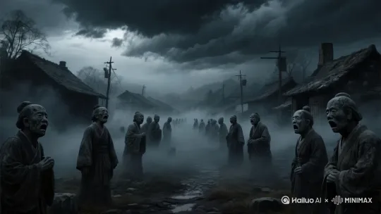 村庄被黑雾吞噬，百姓化作石像定格惊恐表情     | 摇镜头（全景→特写） | （孩童哭喊）“娘亲！！”（戛然而止） by Hailuo AI Video Generator