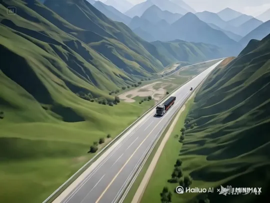 以货车为中心，背景快速后退，货车在公路上极速前进 by Hailuo AI Video Generator