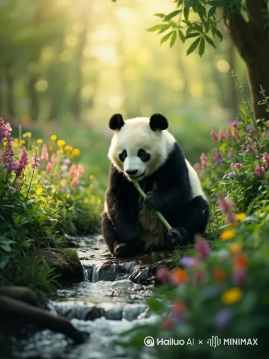 熊猫吃竹子，小溪在流动，微风吹过 by Hailuo AI Video Generator