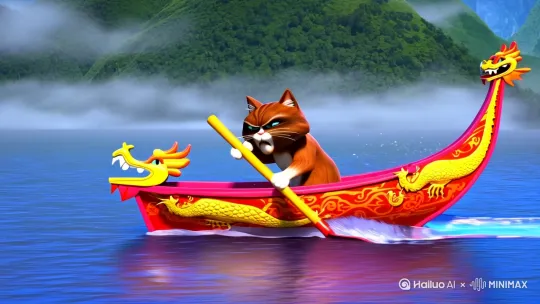 一只猫划龙舟[左移,上升] by Hailuo AI Video Generator