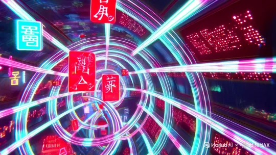--- 场景2：时空穿梭 ---
【环境】五维通道中流动着甲骨文与二进制代码交织的光带
【事件】警报红光中浮现神秘金色代码（全息投影形态）
【细节】代码碎片化作发光的《西游记》竹简残卷
【运镜】急速推进中的动态模糊效果 by Hailuo AI Video Generator