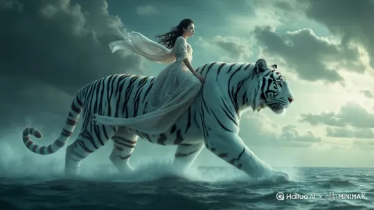 白虎驮着美女在海上行走 by Hailuo AI Video Generator