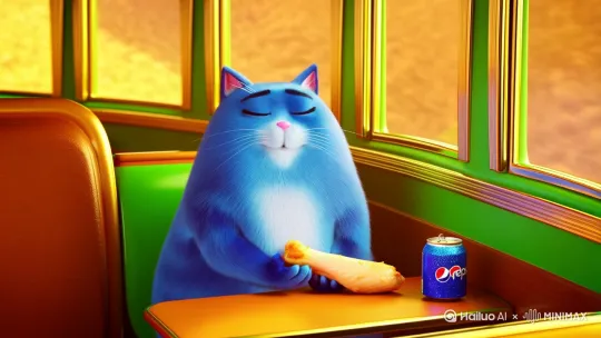 一只蓝色胖猫在一辆绿皮火车的车厢里面吃到鸡腿喝百事可乐，闭着眼睛吃东西，表情很舒适 by Hailuo AI Video Generator