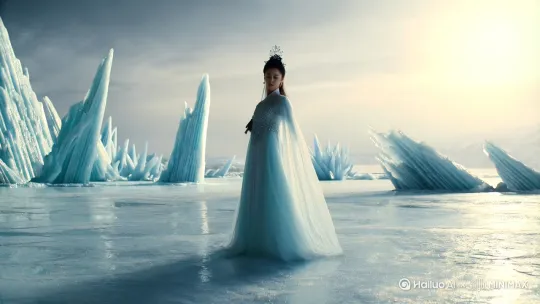 一个仙气飘飘的美女，拿着宝剑破冰，然后出现“红辰故事会”五个中文大字 by Hailuo AI Video Generator