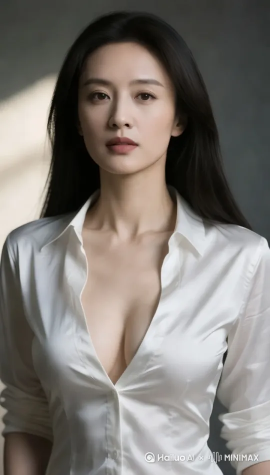一个亚洲女性，穿着一件紧身敞口白色丝绸衬衫，长直发，皮肤紧致细腻，身材优美，逼真的眼睛和面部细节。她松弛的站立着，双臂自然放松下垂，眼睛直视着镜头，并露出诱人的笑容。背景是在室内摄影棚，柔和的光线，边缘光，美丽的阴影，低调。镜头是正面上半身特写照。电影级质感，超写实，超高分辨率，8K，最佳质量，杰作。绝色佳人[右移,左摇,跟随] by Hailuo AI Video Generator