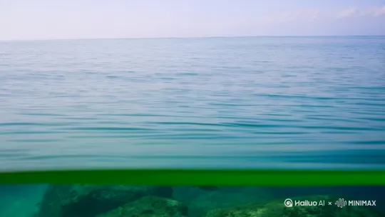 镜头缓缓从海面上[下降]到到海面底下，[下降]海水里有许多鱼儿在游动[下降] by Hailuo AI Video Generator