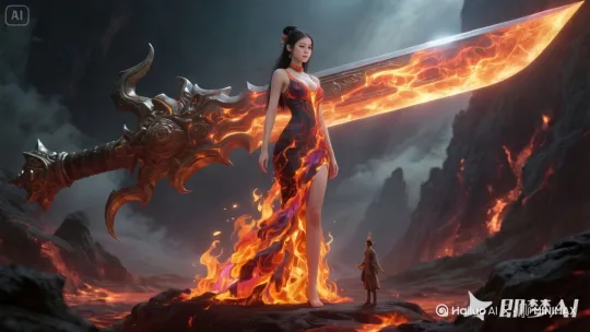 火焰大刀向前飞行，美女身上的火焰剧烈燃烧，火焰蔓延到小人身上，美女低头看到小人着火一脚把小人踢飞 by Hailuo AI Video Generator