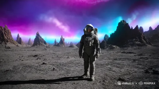 一个迷路的宇航员在一颗未知的星球上观望者紫色的天空 by Hailuo AI Video Generator