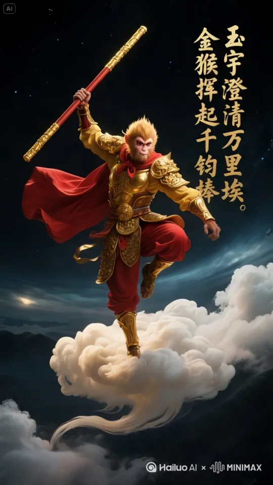 孙悟空双手握住千钧棒的一端，快速砸下，[变焦拉远,上摇] by Hailuo AI Video Generator