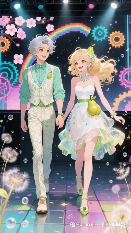 帮我生成视频！两个人一起向前走！双手自然摇摆！微笑，嘴里说着话！后面灯光闪烁！大屏幕里花朵变化颜色！ by Hailuo AI Video Generator