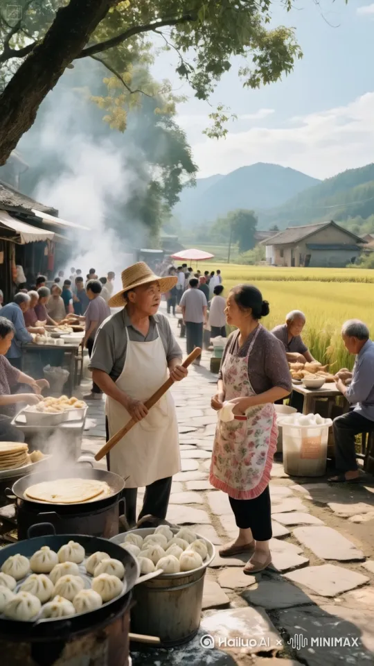 "镜头移动，动态跟随，两个人手持擀面杖，身姿轻盈，即将展开一场惊心动魄的中国功夫对决。左边的人率先发动，他脚下轻点，身形如燕，瞬间跃至半空，手中擀面杖直刺而出，仿若飞箭，这一招融合了轻盈的轻功与凌厉的剑式。右边的人踏着奇异的步伐，侧身躲开攻击，同时手中擀面杖横扫，如同长鞭挥舞，风声呼啸。左边的人在空中一个翻转，借着轻功之力再次拔高，擀面杖自上而下猛砸，气势如虹，仿佛泰山压顶。右边的人急速后退，脚步如行云流水，擀面杖向上一挡，发出 “砰” 的一声巨响，两人各自借力向后飘去。落地瞬间，两人再次弹起，如鬼魅般冲向对手，擀面杖左劈右砍，招式快如闪电。
两人的身影在场地里交错翻飞，轻功使得他们的动作更加飘逸灵动，他们各自施展奇妙的轻功身法，在狭小的空间内穿梭自如，手中擀面杖不时回击，角度刁钻，周围的人欢呼雀跃、拍手叫好" by Hailuo AI Video Generator