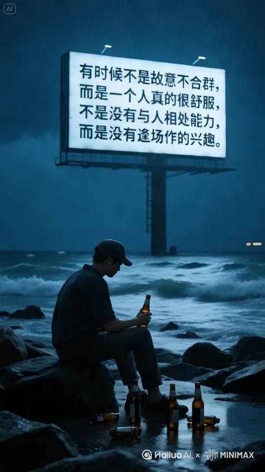 雨幕细密，海浪不断拍打着岸边的礁石，男子静静的坐在礁石上，手中的酒瓶随着他轻微的呼吸而晃动。雨水顺着帽檐滴落， by Hailuo AI Video Generator