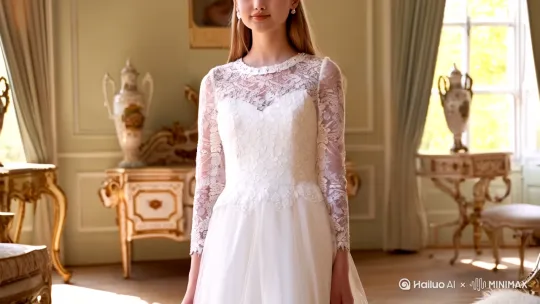 左环绕移动拍摄，白色蕾丝一件洛丽塔衣服 by Hailuo AI Video Generator