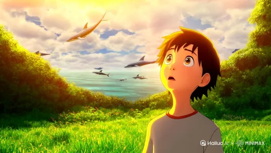 画一位抬头望向天空的少年，天空中有鲸鱼游过天际线，童年日漫风格 by Hailuo AI Video Generator