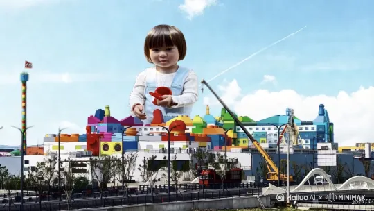 一位小女孩，正拿着遥控器，指挥大吊车运行吊装乐高游乐城的建筑。当吊车的吊臂徐徐放下，完成拼装，小女孩兴高采烈地旋转鼓掌。 by Hailuo AI Video Generator