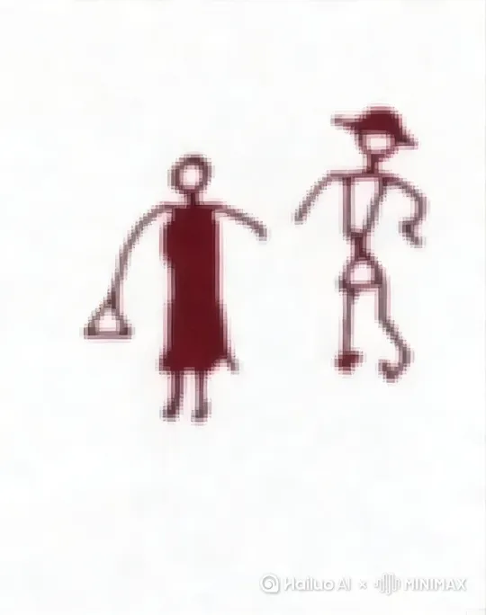 图片中的主体人物不能变化，两个红色人形从书页中走出，女性挥动双臂向前迈步，戴帽子男性摆动双臂狠狠点头，背景从白纸过渡到自然光线下的房间，保持简约线条风格，固定镜头。 by Hailuo AI Video Generator