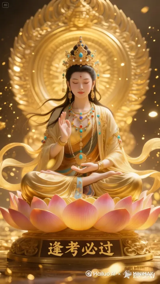背后光轮转动，头发衣服随风飘动，莲座上面花瓣缓缓转动，周围金色粒子环绕流动 by Hailuo AI Video Generator