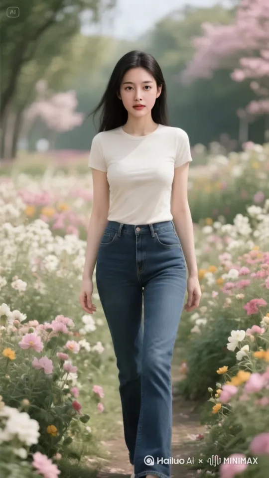 优雅自信的向前走，身边的鲜花随风摇摆，[拉远] by Hailuo AI Video Generator