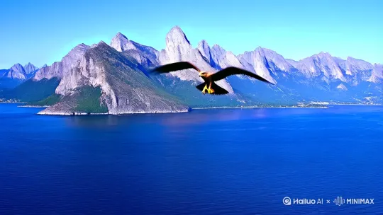 以猎鹰飞过高山大海绿树红花俯瞰世间的视角制作一个三十秒的视频 by Hailuo AI Video Generator