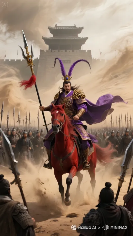 - 动作：联军士兵们身姿挺拔，双手紧握着兵器，神色紧张地严阵以待。诸侯们交头接耳，脸上带着担忧与思索的神情，低声商讨着应对之策。吕布双手抱戟，微微仰头，眼神轻蔑地扫视着下方的联军，嘴角勾起一抹嘲讽的笑容。
​
- 运镜：从高空以俯瞰视角缓缓下降，镜头在联军整齐的阵列与关隘上的吕布之间平稳平移，全面展示出双方对峙的宏大而紧张的场面。 by Hailuo AI Video Generator