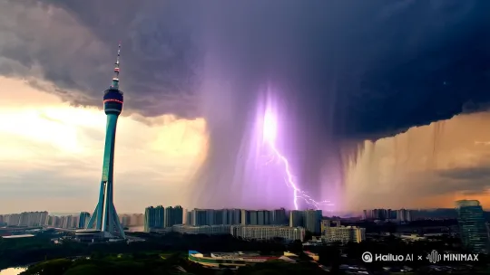 上午10点时分，广州塔上空乌云密布，电闪雷鸣，并狂风暴雨，没过一会就雨过天晴，乌云消散，东边日出西边雨，并出现彩虹在广州塔上空 by Hailuo AI Video Generator