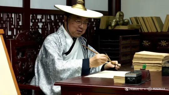 书法是士大夫阶级对抗皇权的工具。是艺术的抗争。在信息不通畅的时代，可以识别门派，政治背景，信息真伪，交流信息等等。也是权利和地位的象征。黎涛 by Hailuo AI Video Generator