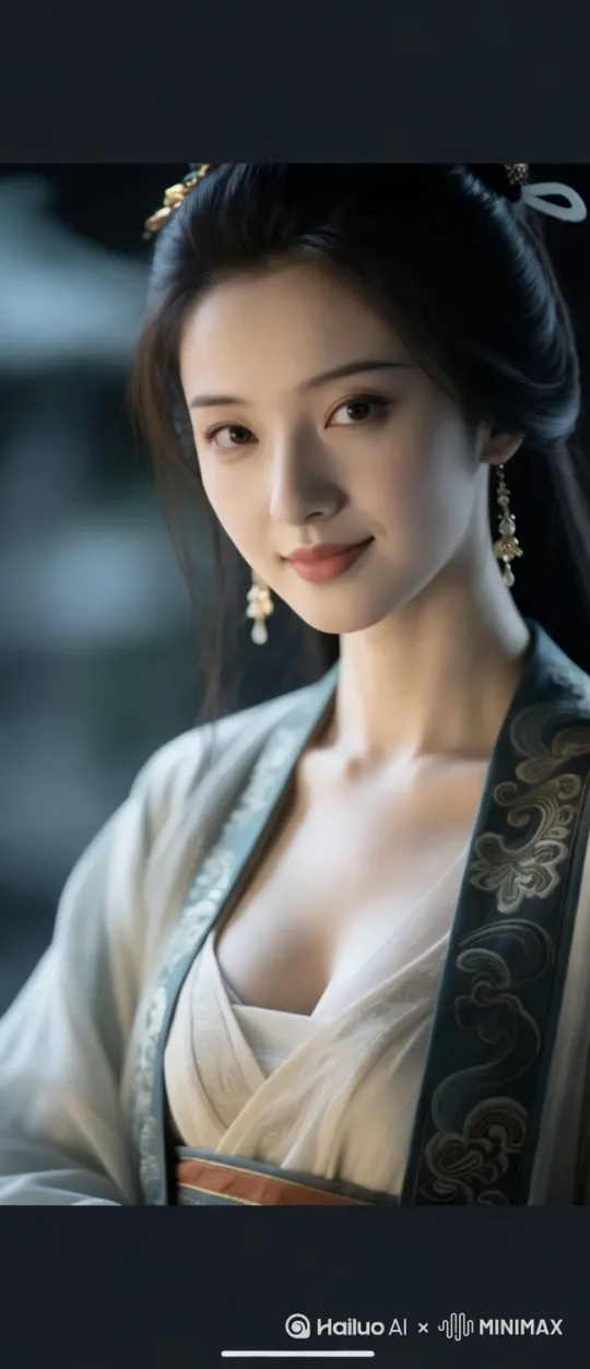一个古代女公主，皮肤紧致细腻，身材优美，逼真的眼睛和面部细节。她的眼睛直视着镜头，并露出诱人的笑容，头发被微风轻轻吹动。背景是在公主寝室，窗外的微风轻轻吹进来，柔和的光线，边缘光，美丽的阴影，低调。镜头是正面上半身特写照。电影级质感，超写实，超高分辨率，8K，最佳质量，杰作。绝色佳人[左移,右摇,跟随] by Hailuo AI Video Generator
