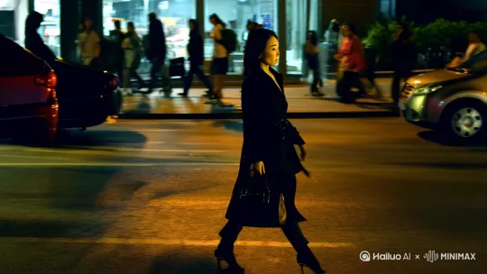 [左移,右摇,跟随]一个中国籍美女手提一只包包穿着黑色风衣走在夜晚的街道上，来往的车辆和行人从他身后经过，后面跟着几名女特工，手持冲锋枪尾随其后。[左移,跟随] by Hailuo AI Video Generator